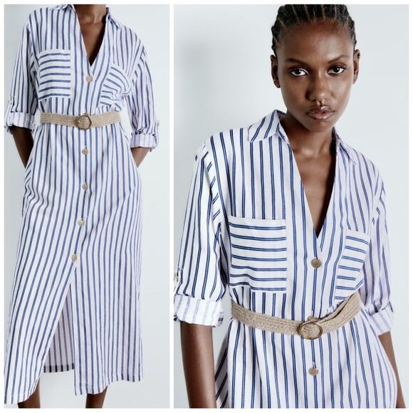 Zara Linen Blend Striped Belted Dress - Picture 1 of 9
